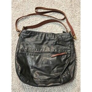 Fossil Corey Messenger Hobo Tote Purse Black Leather Brown Crossbody